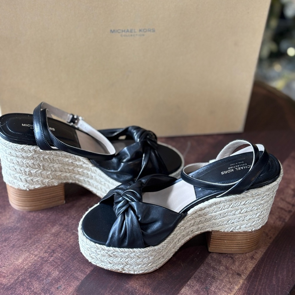 Michael Kors Knotted Leather Espadrille Wedge Sandals - Picture 7 of 13
